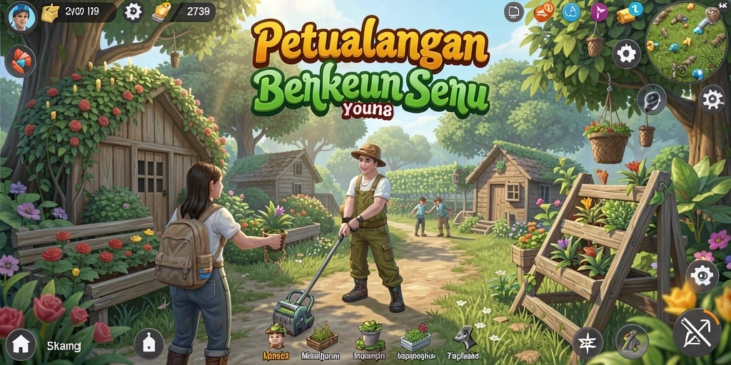 Gambaran permainan berkebun yang penuh warna dan interaktif.