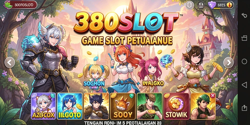 Screenshot gameplay yang menampilkan karakter anime dan mesin slot.