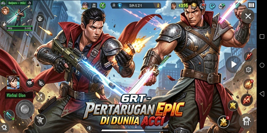 Screenshot utama 6RT menampilkan pertarungan aksi yang seru.