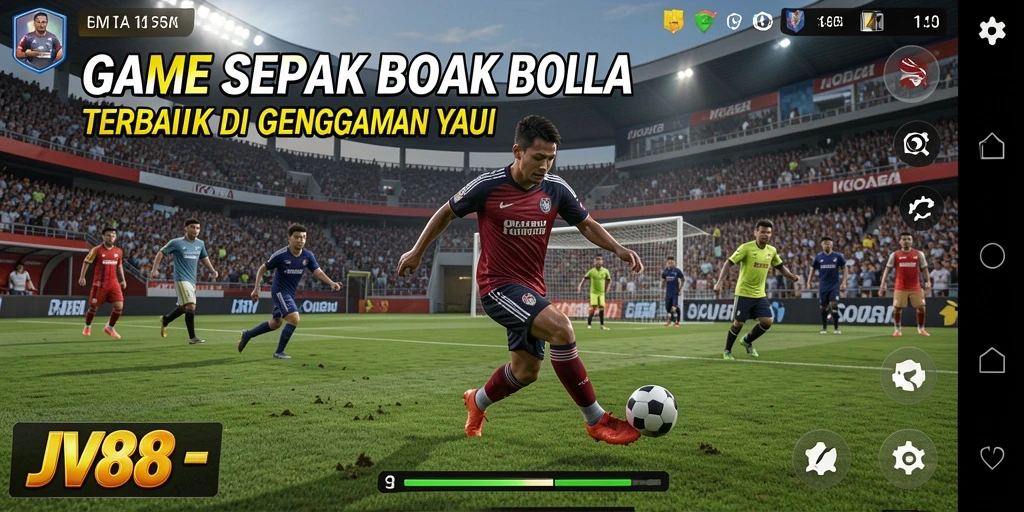 Screenshot gameplay JV88 menampilkan aksi sepak bola yang mendebarkan.