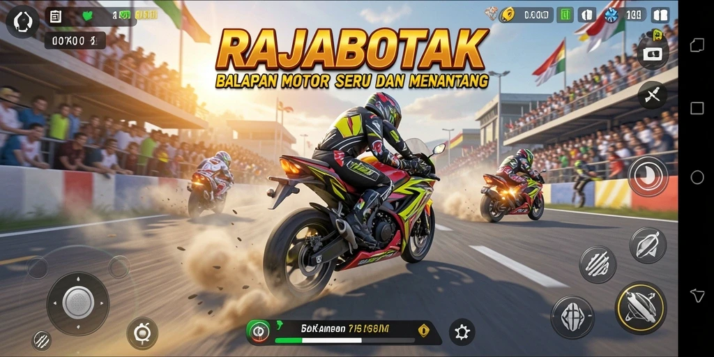 Tampilan gameplay RAJABOTAK menampilkan balapan motor yang seru dan mendebarkan.