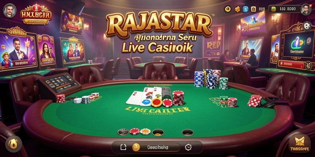 Screenshot gameplay RAJASTAR menampilkan dealer langsung dan suasana kasino yang hidup.