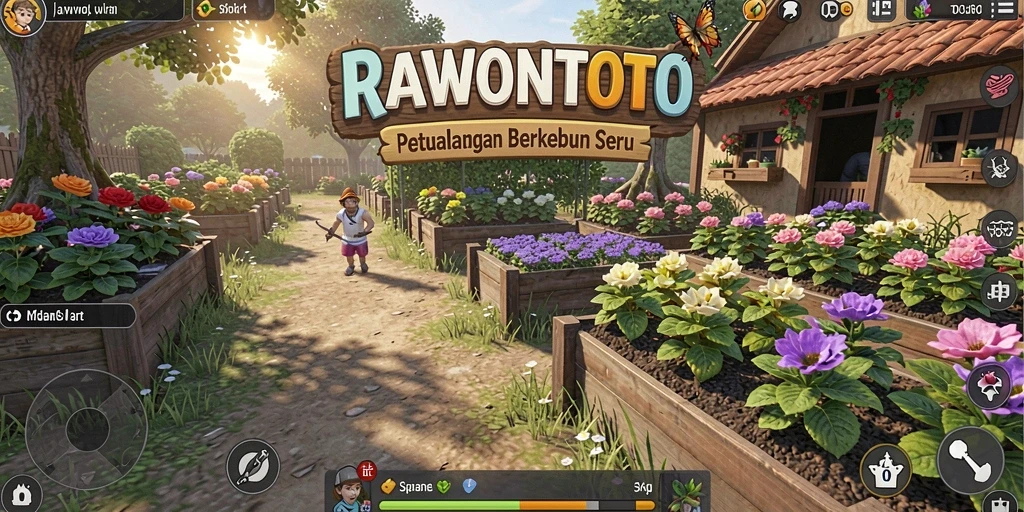 Screenshot menunjukkan gameplay seru dengan kebun yang indah.