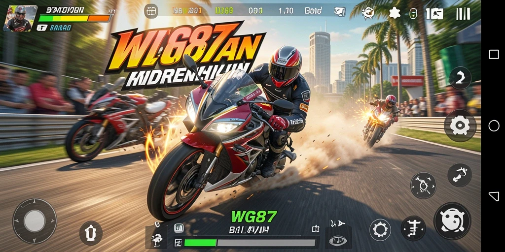 Tampilan gameplay WG87 yang penuh aksi balap motor.