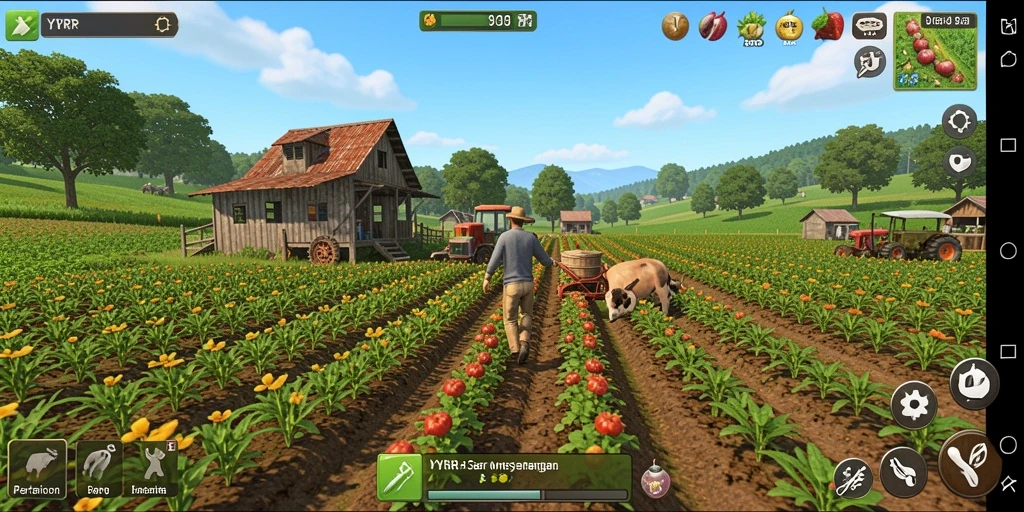 Screenshot gameplay <strong>YYRR</strong> menampilkan aktivitas berkebun dan peternakan.